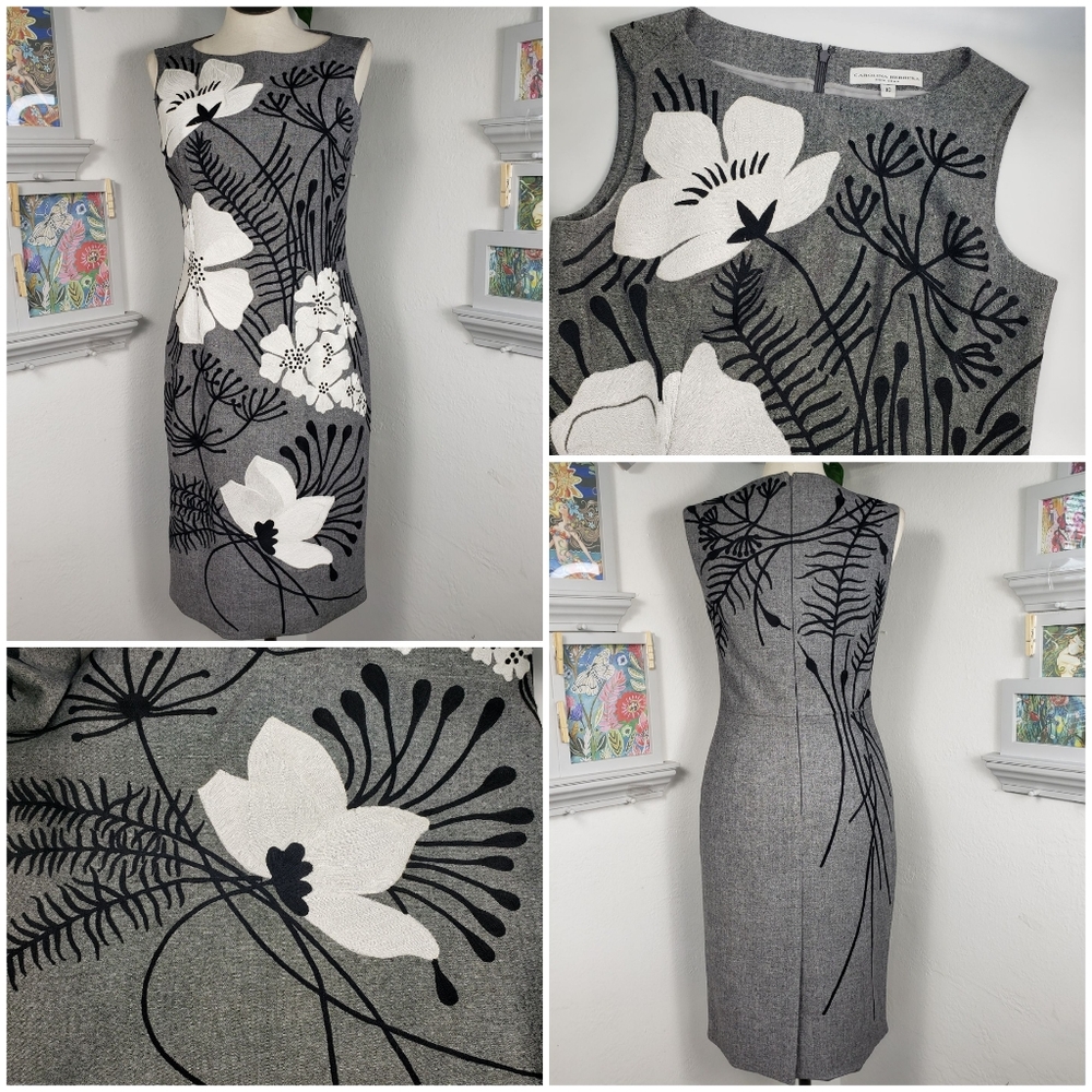 Carolina Herrera Gray Tweed w/ Black & White Embroidered Floral - Luxury 10
